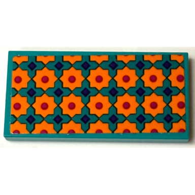 dark turquoise tile 2 x 4 with blanket with orange stars dark purple squares and magenta dots geometric pattern sticker - set 43231