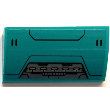 dark turquoise slope curved 2 x 4 x 2 3 with bottom tubes with dark bluish gray panel and black hull plate lines pattern sticker - set 76255