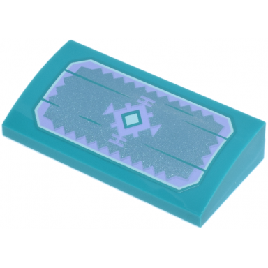dark turquoise slope curved 2 x 4 x 2 3 with bottom tubes with rectangle with cut corners with light aqua diamond and lavender geometric shapes and zigzags on metallic light blue background pattern