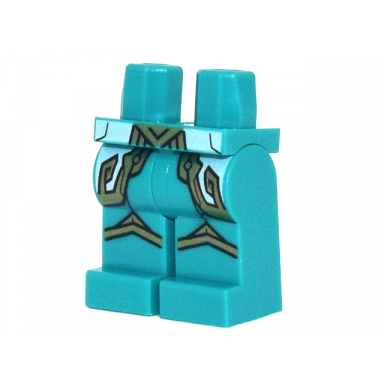 dark turquoise hips and legs with white and gold geometric armor pattern