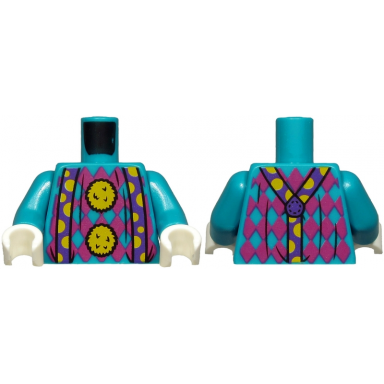 dark turquoise torso magenta argyle sweater 2 yellow pom poms and dark purple suspenders with yellow semicircles pattern dark turquoise arms white hands