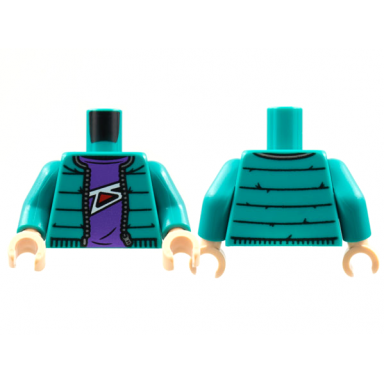 dark turquoise torso jacket with zipper dark purple shirt with white and red abstract pattern dark turquoise arms light nougat hands