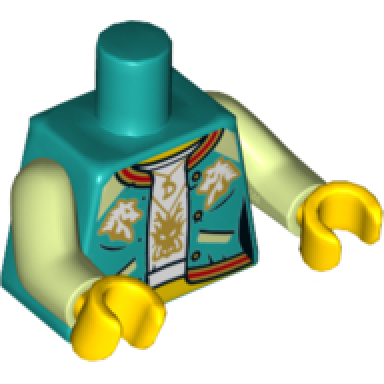 dark turquoise torso female jacket with white undershirt red trim and horse heads pockets necklace and yellow midriff pattern yellowish green arms yellow hands