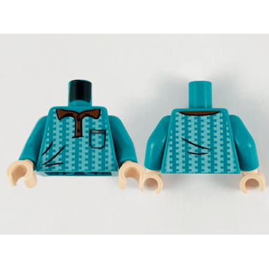 dark turquoise torso polo reddish brown collar left side pocket and ornate white vertical stripes pattern dark turquoise arms light nougat hands