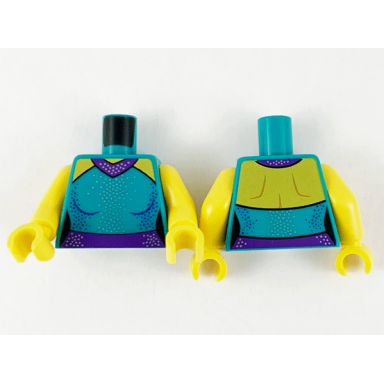 dark turquoise torso female outline dress yellow shoulders dark purple collar and belt silver and dark purple dots pattern yellow arms yellow hands