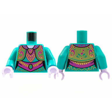 dark turquoise torso female ornate vest and dress magenta collar filigree sash gold trim and musical note pattern dark turquoise arms lavender hands