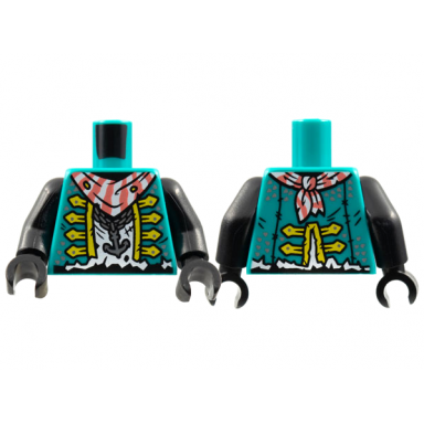 dark turquoise torso vest with yellow trim coral and white bandana silver anchor necklace white tattered shirt pattern black arms black hands