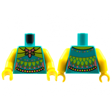 dark turquoise torso female lime collar coral and gold flower lime and gold petals pearl sash pattern yellow arms yellow hands