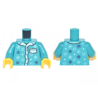 dark turquoise torso pajamas 4 buttons white collar and pocket snowflakes pattern dark turquoise arms yellow hands
