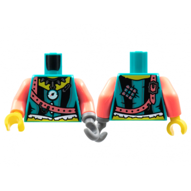 dark turquoise torso female bodice silver spike necklace coral shoulder belt black stripes pattern coral arms dark bluish gray hook left yellow hand right