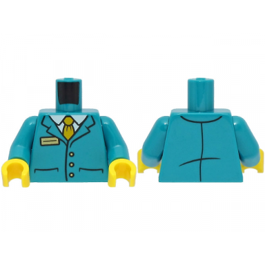 dark turquoise torso suit jacket with 3 buttons and pockets over white shirt bright light orange tie gold badge pattern dark turquoise arms yellow hands