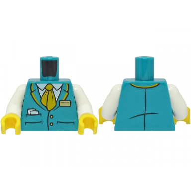 dark turquoise torso suit jacket with 2 buttons and pockets with paper over white shirt bright light orange tie and collar gold badge pattern white arms yellow hands