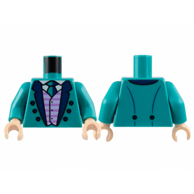 dark turquoise torso tuxedo jacket with dark blue lapels and buttons lavender striped vest white shirt tie pattern dark turquoise arms light nougat hands