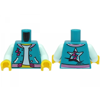 dark turquoise torso open jacket with pockets over light aqua shirt magenta music notes and trim star on back yellow neck pattern bam light aqua arms yellow hands