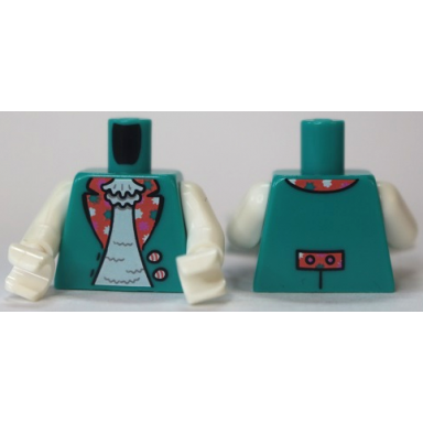 dark turquoise torso open vest with coral lapels and 2 buttons over white shirt pattern bam white arms white hands