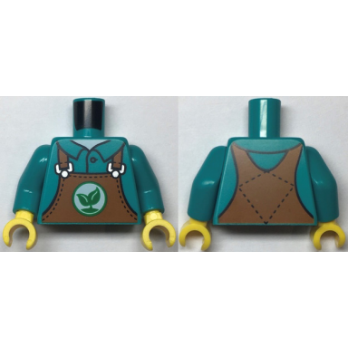 dark turquoise torso dark orange overalls with green sprout with 2 leaves on white circle pattern dark turquoise arms yellow hands