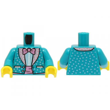 dark turquoise torso jacket with metallic light blue squares and silver lapels white shirt metallic pink bow tie pattern bam dark turquoise arms yellow hands