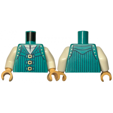 dark turquoise torso vest with dark blue pinstripes and gold buckles and dots over white shirt pattern white arms medium tan hands