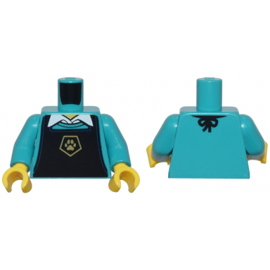 dark turquoise torso black apron with gold pentagon and paw print over shirt with white collar pattern dark turquoise arms yellow hands