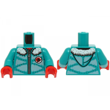 dark turquoise torso winter jacket padded with hood metallic light blue panels zipper and white fur lining pattern bam dark turquoise arms red hands