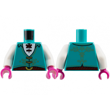 dark turquoise torso vest with gold filigree and clasps white shirt with dark red laces and belt with buckle pattern white arms magenta hands