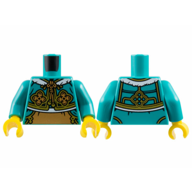 dark turquoise torso cheongsam bolero shrug white fur collar and hem medium nougat ties luck flowers and panel gold trim pattern dark turquoise arms yellow hands