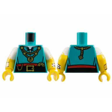 dark turquoise torso shirt with black laces and belt red skirt and gold necklaces buckle and compass pattern yellow arms with molded white short sleeves and printed yellow dots and bracelets pattern yellow hands