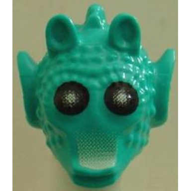 dark turquoise minifigure head modified sw rodian with black eyes and tan markings pattern greedo