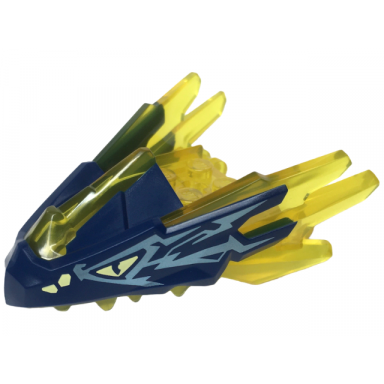 trans-yellow dragon head ninjago jaw with spikes 4 studs and 2 bar handles with molded dark blue face and printed bright light yellow eyes and metallic light blue markings pattern