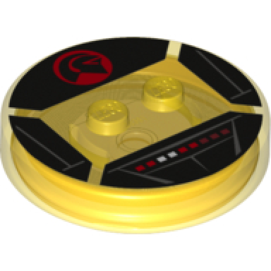 trans-yellow dimensions toy tag 4 x 4 x 2 3 with 2 studs and trans-orange bottom with red and white light panel and knight industries logo on black background pattern michael knight