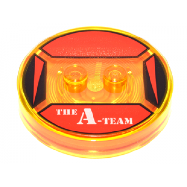 dimensions toy tag 4 x 4 x 2 3 with 2 studs and trans-orange bottom with white the a-team on red background pattern b.a baracus