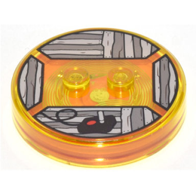 trans-yellow dimensions toy tag 4 x 4 x 2 3 with 2 studs and trans-orange bottom with black video game joystick on dark bluish gray and light bluish gray wood boards background pattern jake the dog