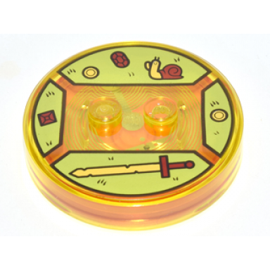 trans-yellow dimensions toy tag 4 x 4 x 2 3 with 2 studs and trans-orange bottom with bright light yellow and dark red sword snail and jewels on lime background pattern finn the human