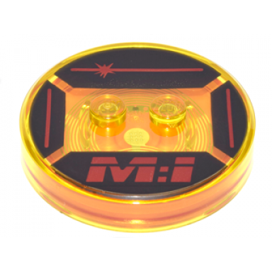 trans-yellow dimensions toy tag 4 x 4 x 2 3 with 2 studs and trans-orange bottom with red lines and m:i on black background pattern ethan hunt
