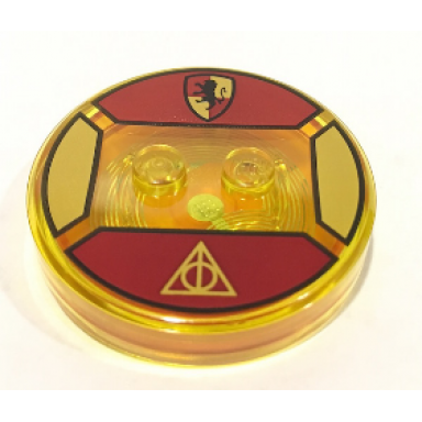 trans-yellow dimensions toy tag 4 x 4 x 2 3 with 2 studs and trans-orange bottom with hogwarts gryffindor crest and gold deathly hallows symbol on dark red background pattern hermione granger
