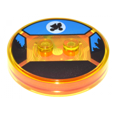 trans-yellow dimensions toy tag 4 x 4 x 2 3 with 2 studs and trans-orange bottom with black bicycle silhouette in white circle on blue background pattern e.t.