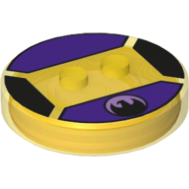 trans-yellow dimensions toy tag 4 x 4 x 2 3 with 2 studs and trans-orange bottom with black bird in lavender circle on dark purple background pattern raven