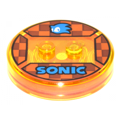 trans-yellow dimensions toy tag 4 x 4 x 2 3 with 2 studs and trans-orange bottom with blue sonic head and sonic on dark orange and reddish brown checkered background pattern sonic the hedgehog