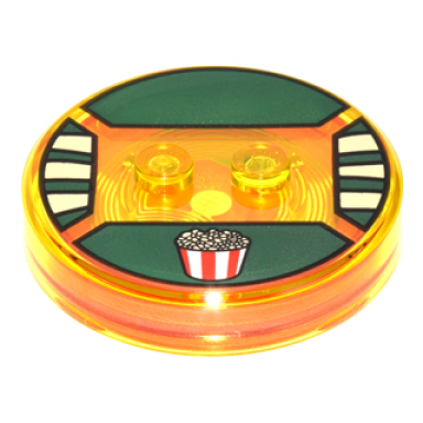 trans-yellow dimensions toy tag 4 x 4 x 2 3 with 2 studs and trans-orange bottom with red and white popcorn bucket on dark green background pattern stripe