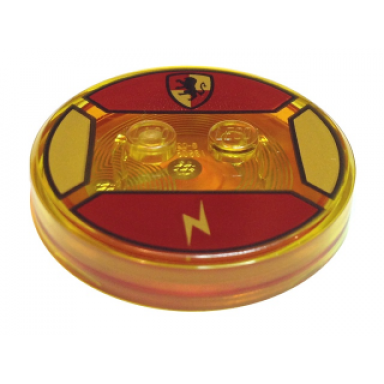 trans-yellow dimensions toy tag 4 x 4 x 2 3 with 2 studs and trans-orange bottom with hogwarts gryffindor crest and gold lightning bolt on dark red background pattern harry potter