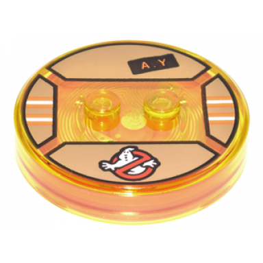 trans-yellow dimensions toy tag 4 x 4 x 2 3 with 2 studs and trans-orange bottom with ghostbusters logo and black patch with orange a.y on dark tan background pattern abby yates