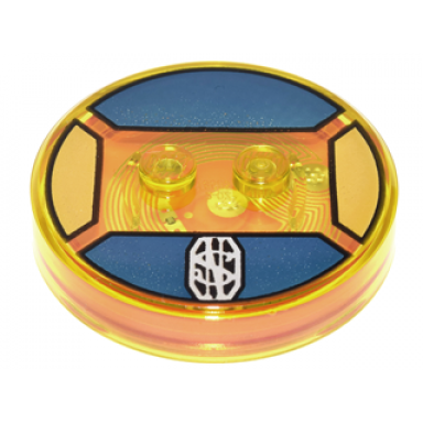 trans-yellow dimensions toy tag 4 x 4 x 2 3 with 2 studs and trans-orange bottom with silver ns monogram on dark blue background pattern newt scamander