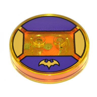 trans-yellow dimensions toy tag 4 x 4 x 2 3 with 2 studs and trans-orange bottom with yellow bat batman logo on dark purple background pattern batgirl