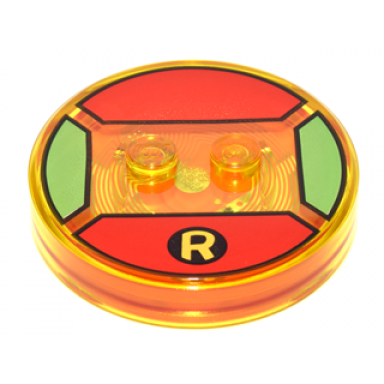 trans-yellow dimensions toy tag 4 x 4 x 2 3 with 2 studs and trans-orange bottom with yellow capital letter r in black circle on red background pattern robin