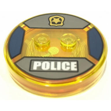 trans-yellow dimensions toy tag 4 x 4 x 2 3 with 2 studs and trans-orange bottom with gold star police badge and white police in black rectangle on dark bluish gray background pattern chase mccain