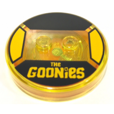 trans-yellow dimensions toy tag 4 x 4 x 2 3 with 2 studs and trans-orange bottom with bright light orange the goonies on black background pattern sloth