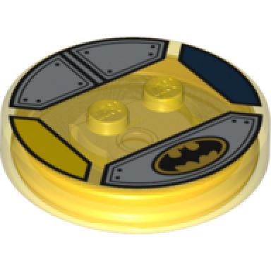 trans-yellow dimensions toy tag 4 x 4 x 2 3 with 2 studs and trans-orange bottom with batman logo on silver armor plates background pattern excalibur batman