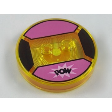 trans-yellow dimensions toy tag 4 x 4 x 2 3 with 2 studs and trans-orange bottom with black pow in bright pink starburst on dark pink background pattern blossom