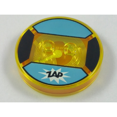 trans-yellow dimensions toy tag 4 x 4 x 2 3 with 2 studs and trans-orange bottom with black zap in white starburst on medium azure background pattern bubbles