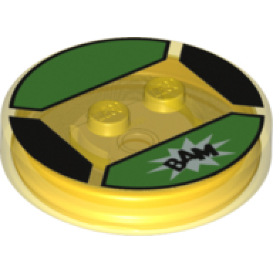 trans-yellow dimensions toy tag 4 x 4 x 2 3 with 2 studs and trans-orange bottom with black bam in white starburst on bright green background pattern buttercup
